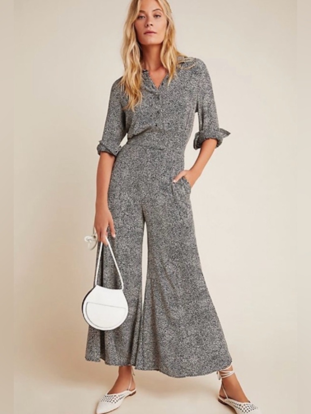 Anthropologie Loveland Jumpsuit Black White Dotted Polka Dot Wide Leg Flowy 10
